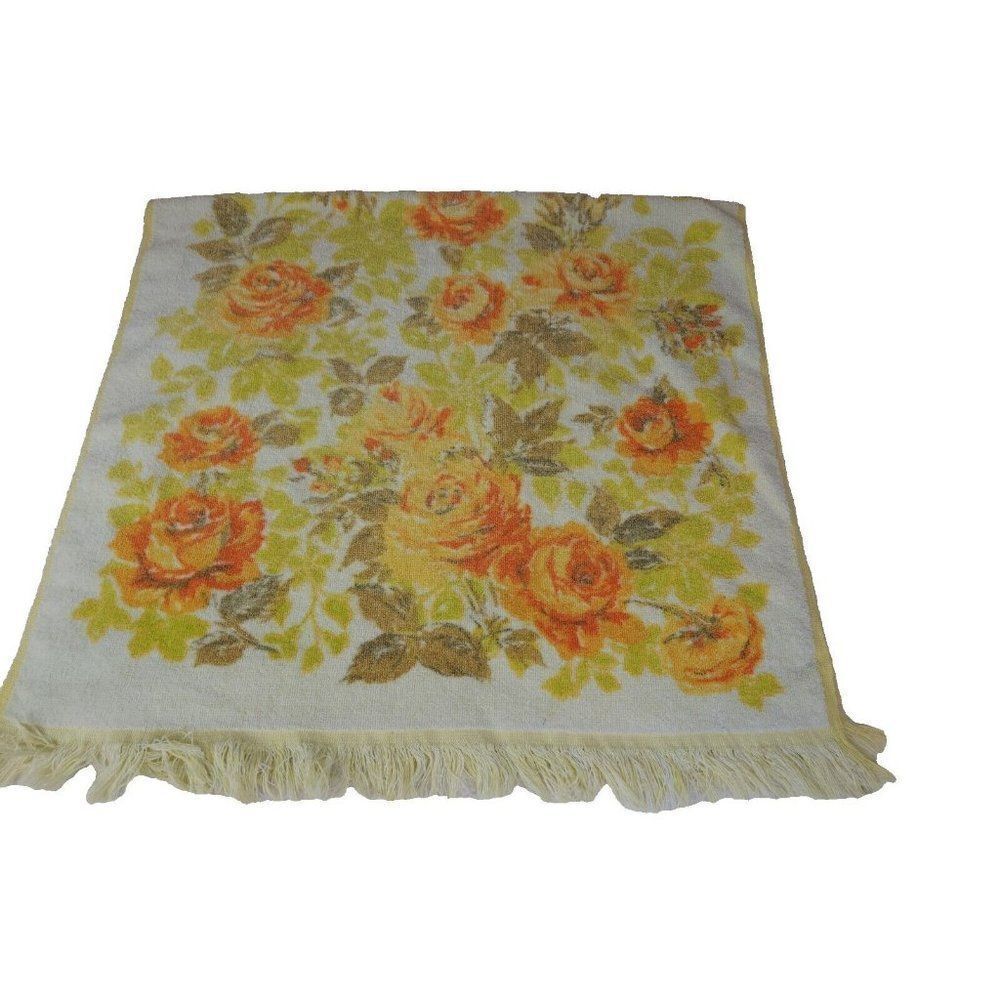 Vintage Canon 70s Bath Towel Yellow Orange Cotton Fringe Hollywood Regency